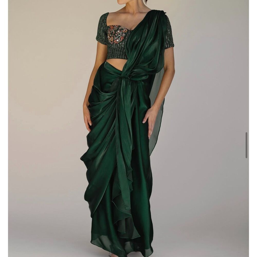 Sani Emerald Green Iridescent Silk Saree‎ Skirt Draped Sari NWT 2XL